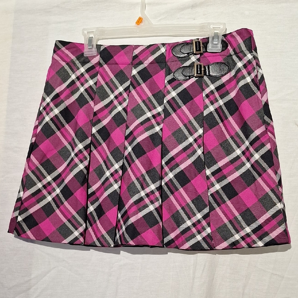 3/$20-Lady Hagen Plaid Pleated Mini Skort, Faux Leather Buckle